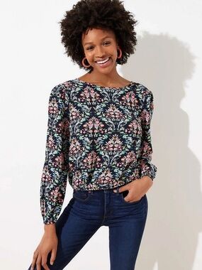 Ann Taylor LOFT NWT Navy Blue Colorful Floral Print Faux Wrap Back Blouse Medium